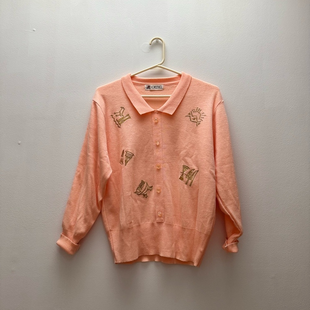 Vintage - Opal Fashion Chic Peach Collared Sweater with Embroidered Details - Picture 1 of 6
